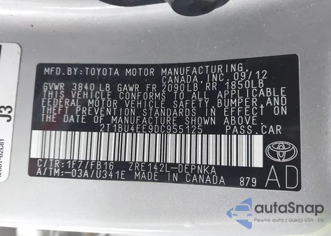 2013 Toyota Corolla Le z USA, uszkodzony, nr VIN 2T1BU4EE9DC955125